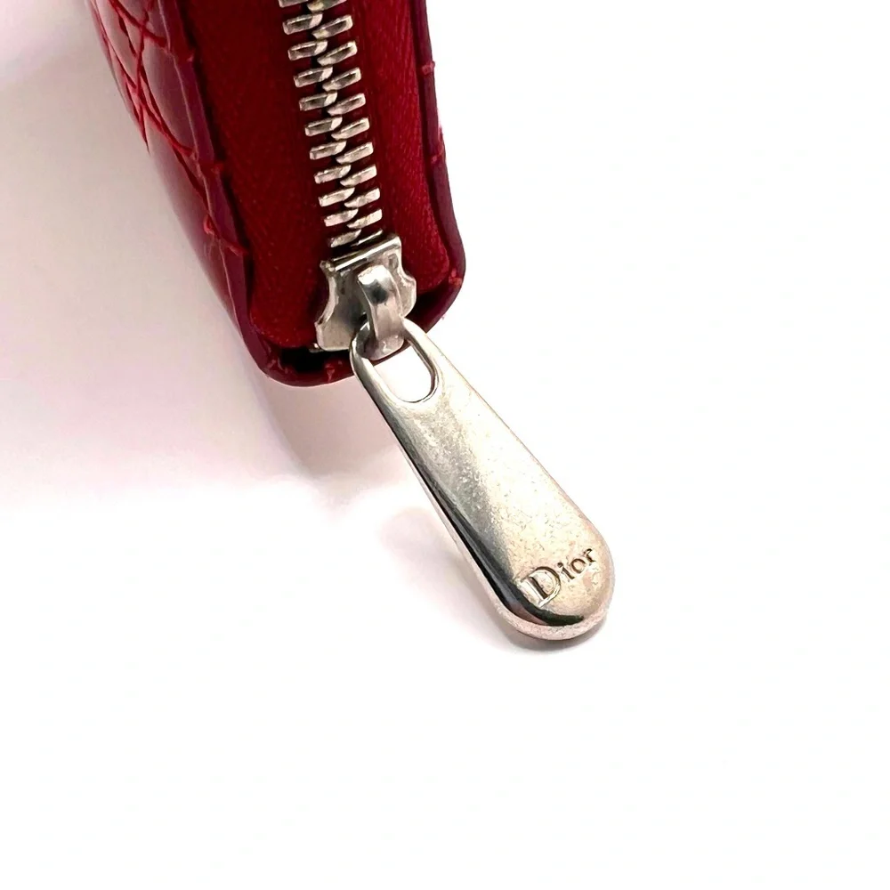 Authentic Christian Dior Cannage Red Patent Leather Zip Long Wallet